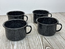 4 Enamel 10 oz Camping Coffee Mugs Cups - BLACK w WHITE SPECKLES