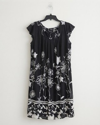 AB Studio Women's Small Black & White Floral Print Flutter Short Sleeve Dress
