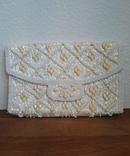 VTG Bon Soir White Cream Beaded Sequin Clutch 1950's
