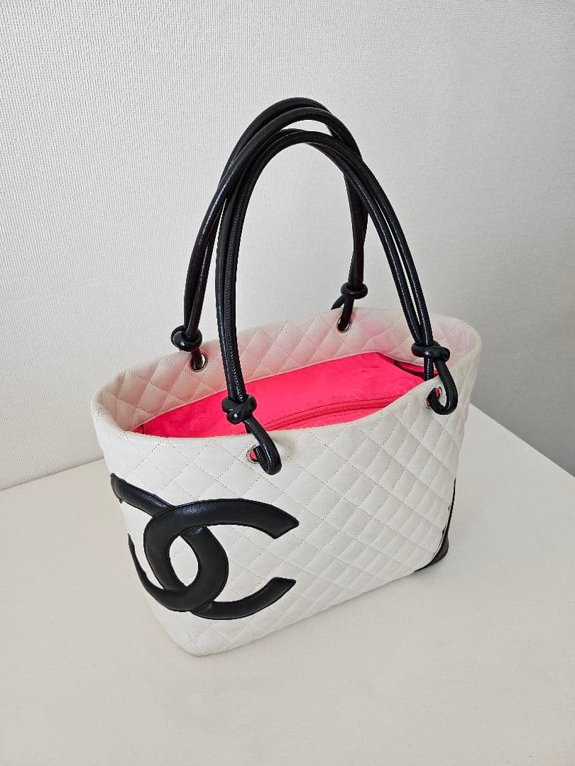 Chanel Quilted Cambon line tote bag  white black cc mark AUTH good condition