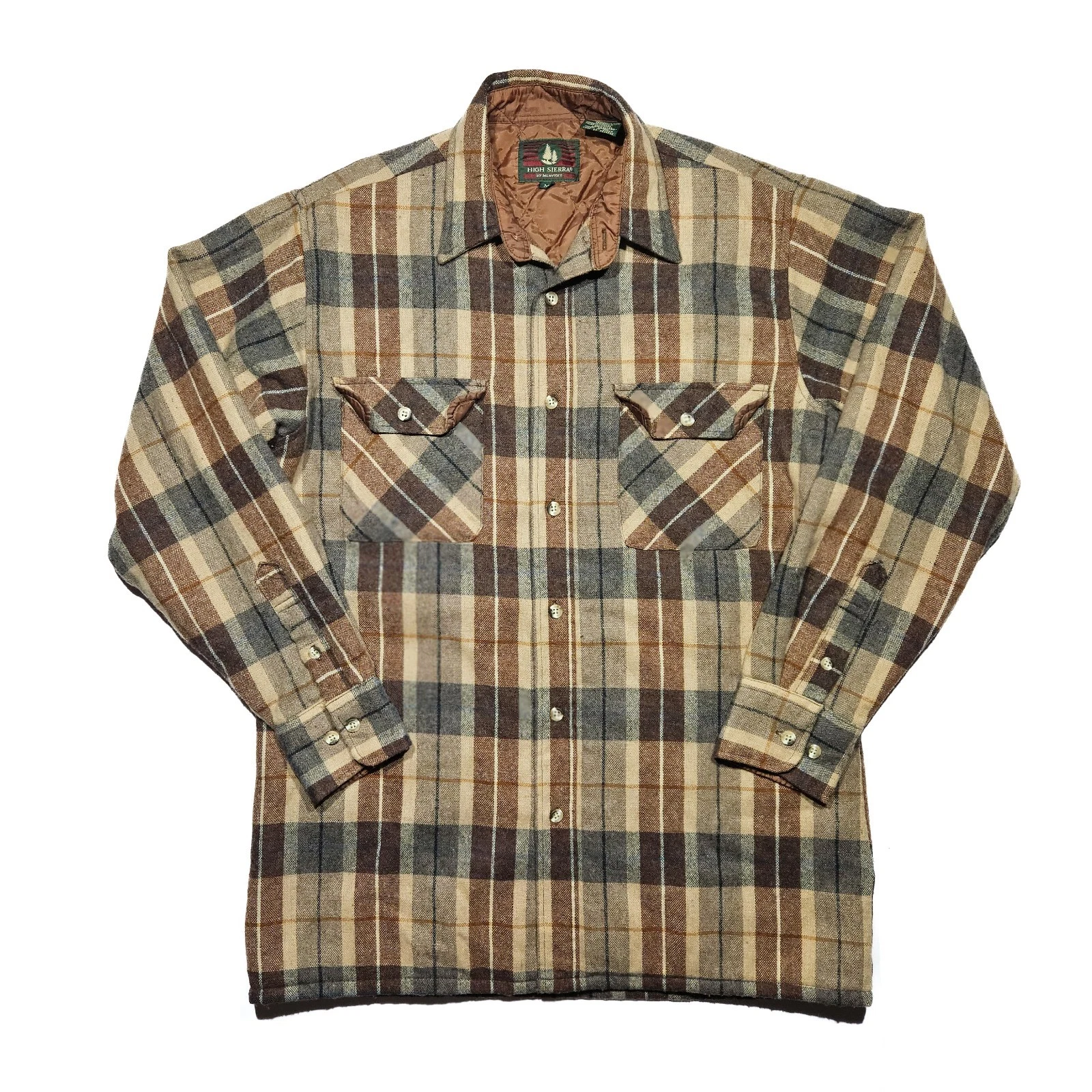 Vintage High Sierra Shirt Jacket Mens M Brown Plaid Quilted Lined Wool Blend