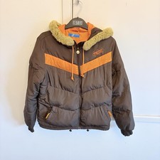 Vintage Adidas Originals Sports Puffer Jacket Brown Orange Faux Fur Hood EU 40