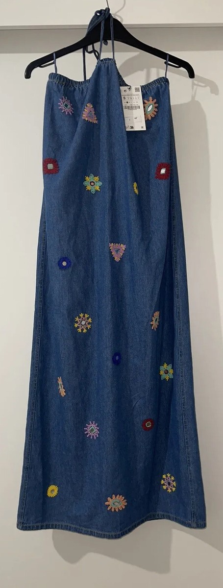 zara denim halter neck dress BLUE FLORAL EMBROIDERY EFFECT MIDI COTTON SIZE S Headband