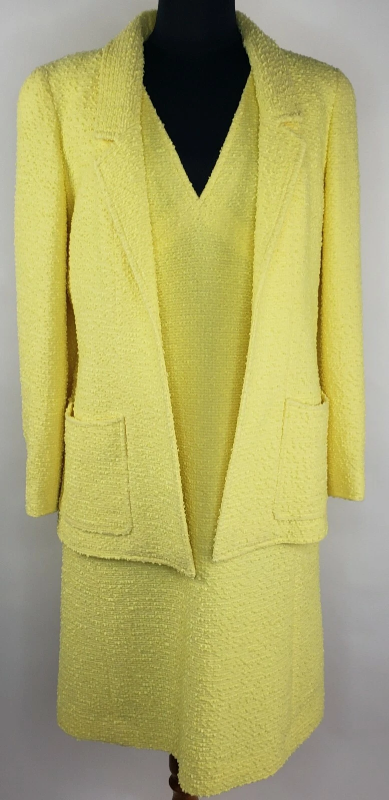 GIACCA E ABITO VINTAGE ANNI '90 CHANEL CANARY GIALLO TWEED FIBBIA 2 pz DOPPIO C 97C