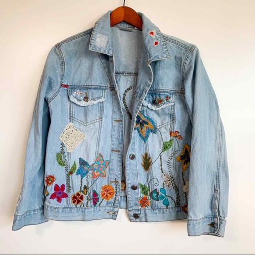 Chicos Embroidered Floral Denim Jacket 