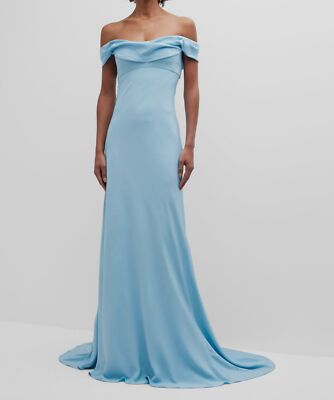 $4796 Monique Lhuillier Women's Blue Draped Off-Shoulder Silk Gown Dress Size 4