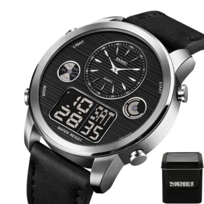 Herren Herren Leder Armbanduhr Digital & Analog Wasserdicht Großes Gesicht VERPACKT