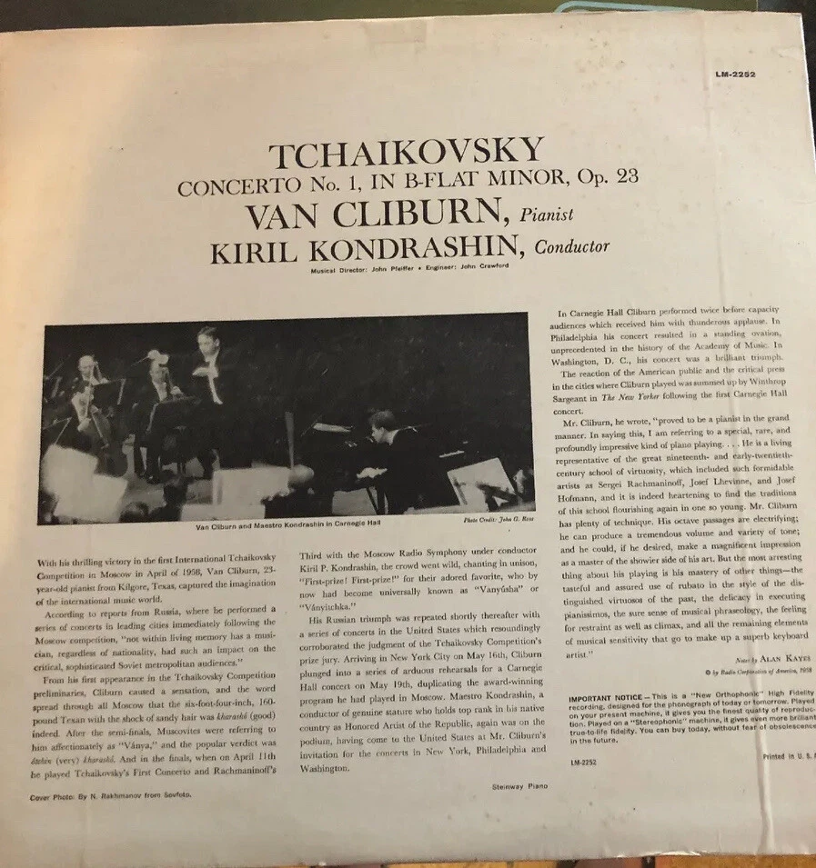 TCHAIKOVSKY Concerto No. 1 - Van Cliburn Classical RCA Victor Red Seal LP Record - Image 2 of 4