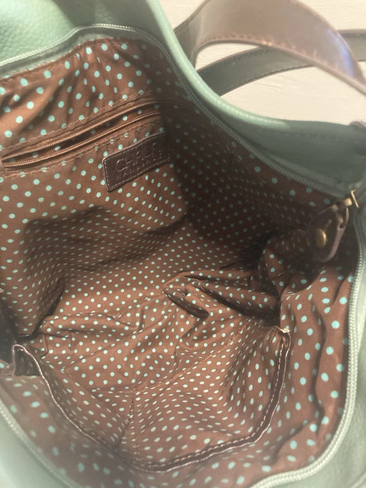 CHALA  Hobo Crossbody Bag Green w Brown Trim Vegan Leather Button Floral Large - Image 4 of 4