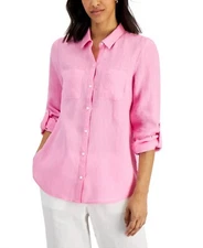 Charter Club Petite 100% Linen Button-Front Shirt Bubble Bath, Sz PL