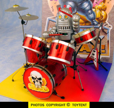 robot rock star drummer with drums and  flying-V guitar on custom display stand