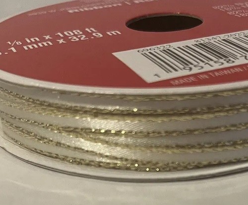 1/8” X 108Ft White with Gold Edge RIBBON. Christmas Anniversary Wedding Crafts. - Picture 3 of 8