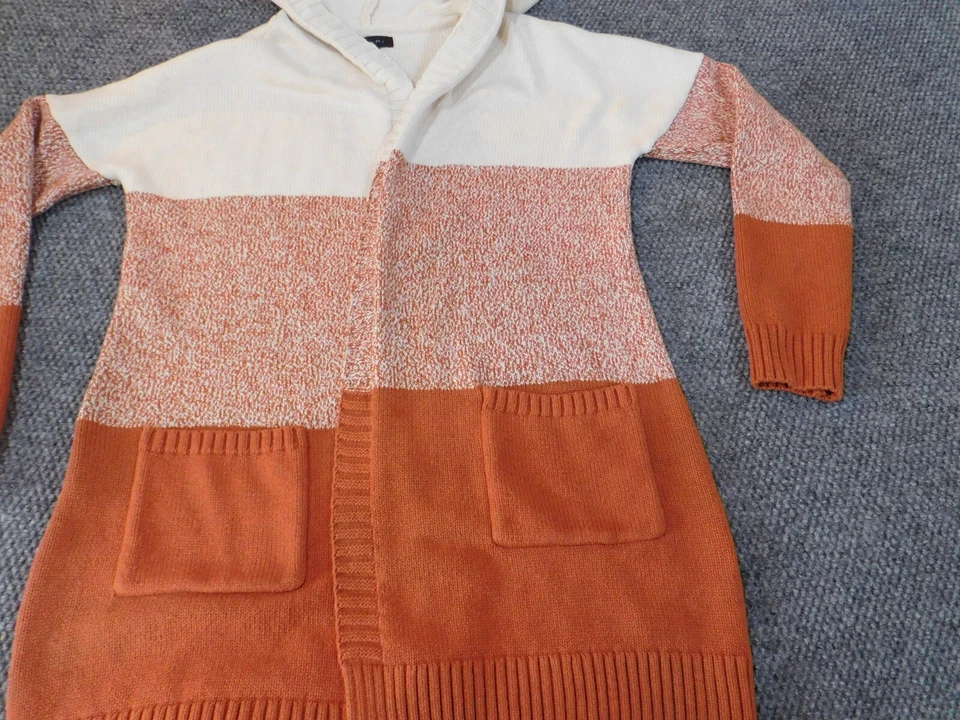 Tahari 毛衣中号橙色女式开衫条纹口袋针织保暖厚重 — 第 2/4 张图片