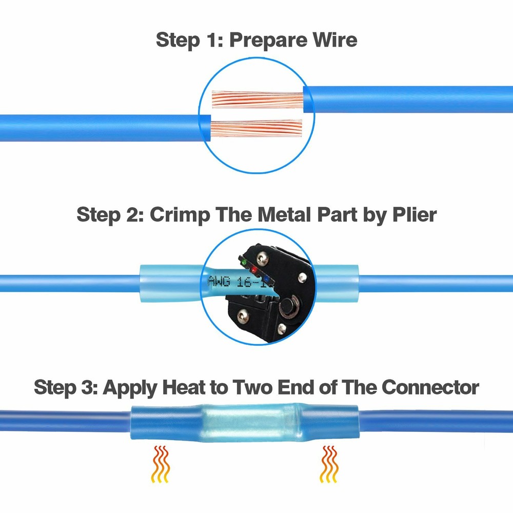 1000pcs Blue AWG Heat Shrink Butt Wire Connectors Crimp Terminals 14-16 Gauge US