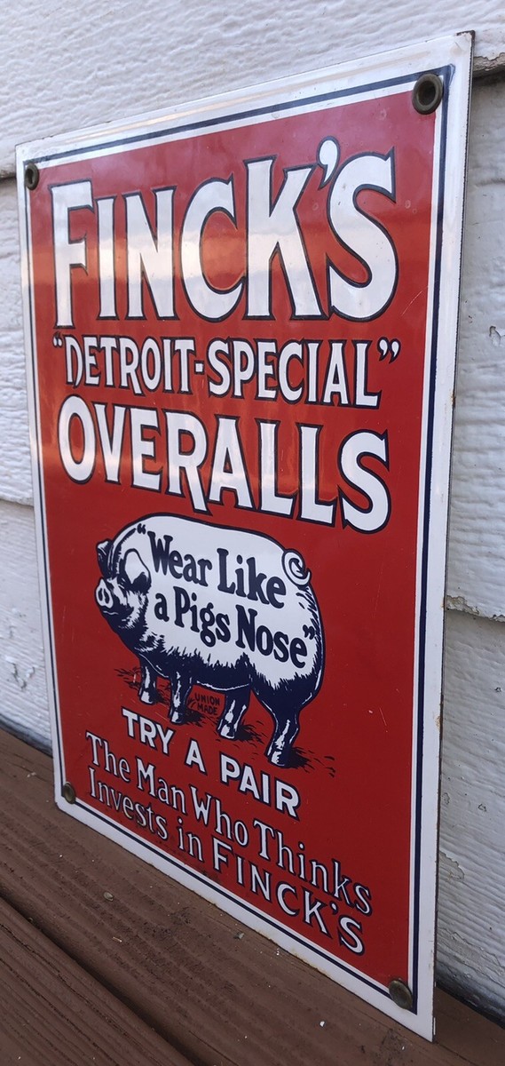 Vintage Fincks Overalls Porcelain 12” Sign Textile Factory Detroit