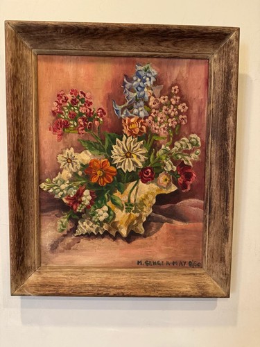 Vintage 1950 Signed Oil Painting by M. Senger - Framed Still Life Flowers 20x24 - Picture 5 of 11