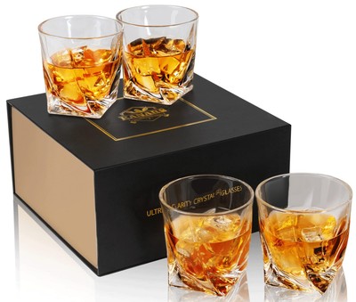 Whiskey Glasses Set of 4, 10 Oz Crystal Old Fashioned Cocktail Glass in Gift ...