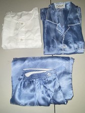 VTG Satin Floral Embroidered Blue Pajamas Set Button Up Pants Lounge Womens L