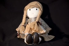 Vintage Cloth Rag Doll - Blonde Yarn Braids and Calico Dress