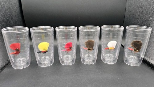 Vintage Tervis Tumblers Set of 6 Fly Fishing Lures Hooks 6" Tall No Lids READ