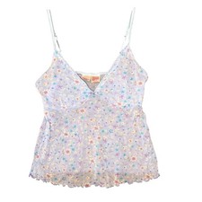 Blue Floral Mesh Camisole Y2K Ruffle Trim Top Large Coquette Fairycore Dainty