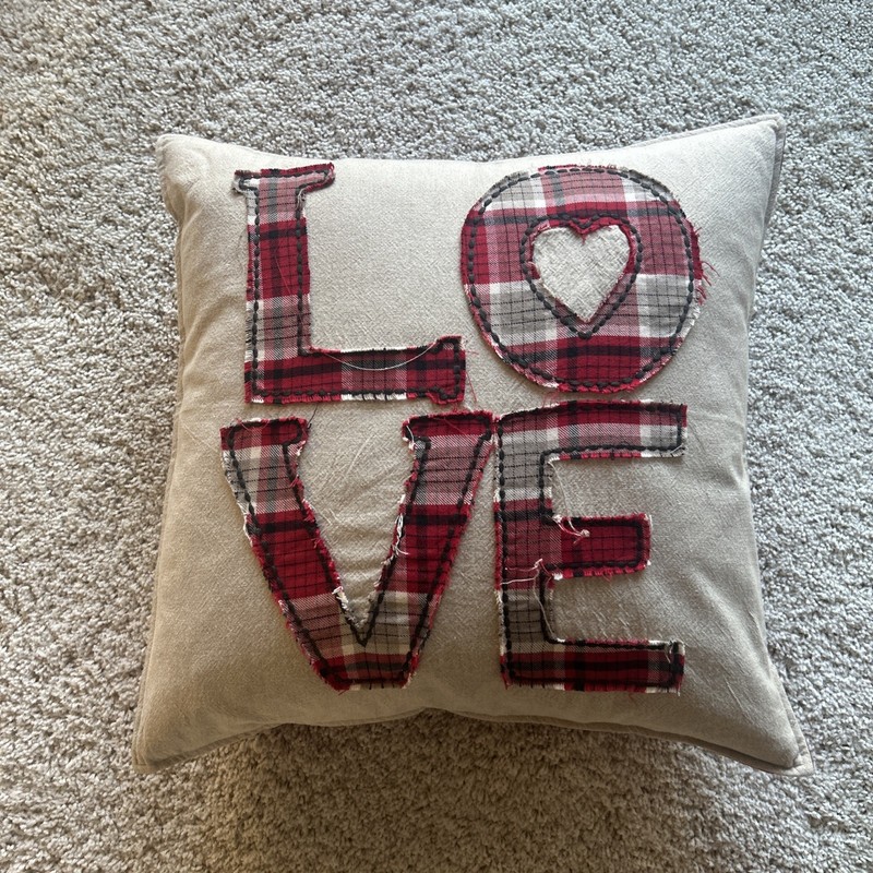 Pottery Barn Plaid Love Pillow Cover 18 inches square EUC