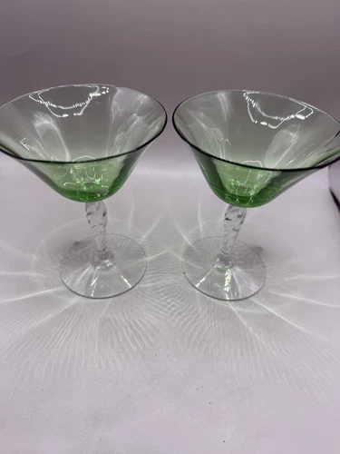 Fostoria Uranium Green Bowl Clear Twist Stem 5” Champagne Glasses Set Of 2
