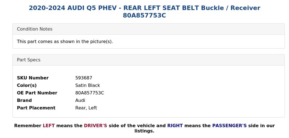 2020 - 2024 奥迪 Q5 PHEV - 后座左座椅皮带扣/接收器 80A857753C — 第 4/4 张图片