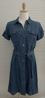 #ad Vintage Faded Glory Short Sleeve Belted Denim Shirt Dress Blue Snap 12 $28.00