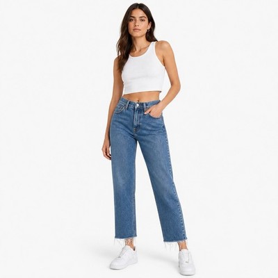 Bershka Women s Straight Cropped Jeans Size 00 Blue Raw Hem Denim
