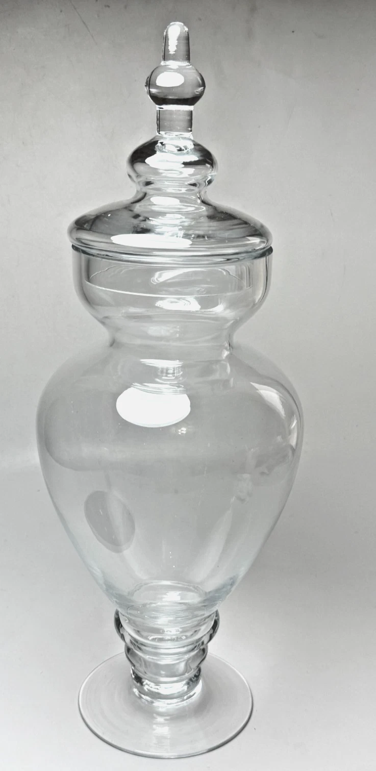 XL 16" Tall Clear Hand Blown Art Glass Footed Apothecary Jar Finial Topped Lid