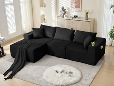 107" Black Plush L Shaped Sectional Couch Corduroy Boneless Sofa w/ Left Chaise