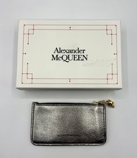  375 Alexander McQueen Silver Metallic Grain Leather Card Holder 501022 1300