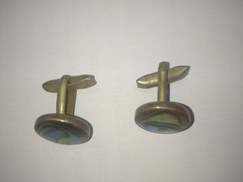 Vintage Pair TAXCO Sterling Silver Cufflinks Marked 925, Abalone Faces, D 1.5 cm - Picture 5 of 6