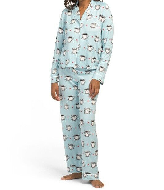 NWT PJ Salvage Ice Blue COFFEE/TEA LOVERS Peachy Knit Pajama Set XL RED HEARTS