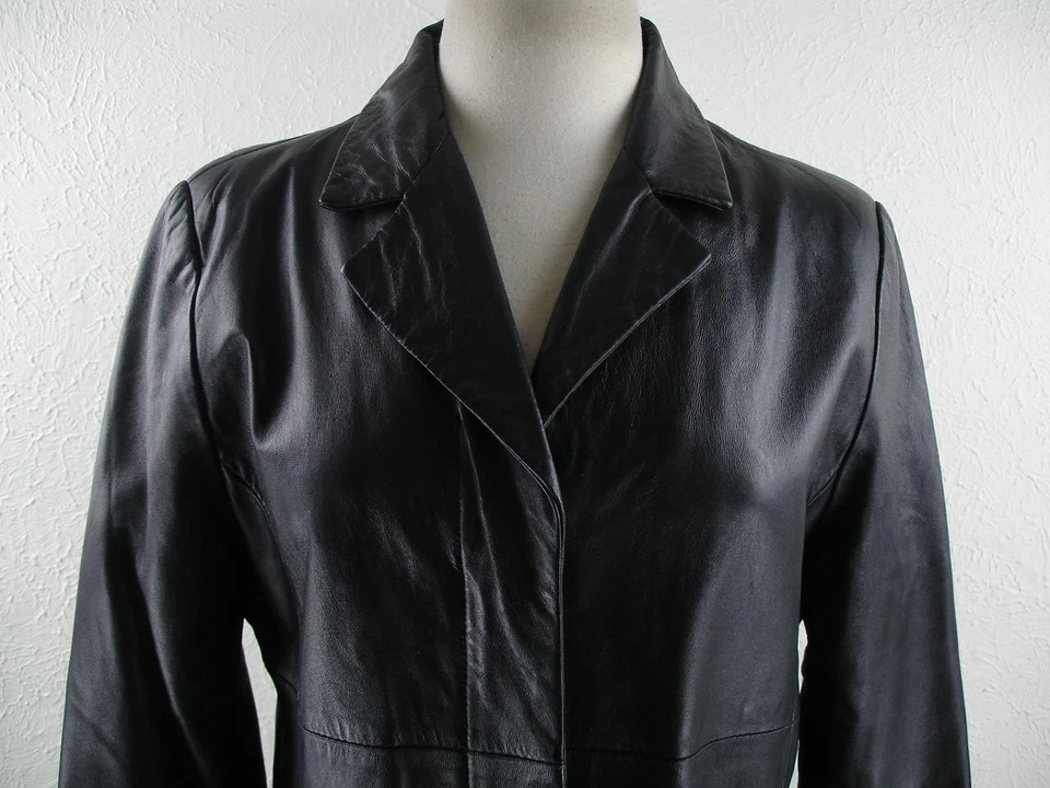 Womens M Croft & Barrow Black Lambskin Leather Jacket Coat Dress Long Trench Zip - Image 2 of 4