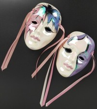 2 Jack Logan Hand Painted Ceramic Masks - Vintage - Mardi Gras Pink Blue Purple
