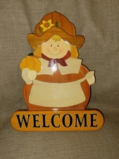 VTG MCM Wood Welcome Sign Pilgrim Wall Door Decor Hand Painted Primative Harvest