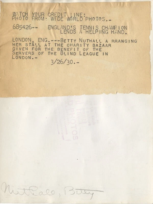 Betty Nuthall British Tennis Champion Original 6x8 Photo Stamped Snipe 1930 - Image 2 of 2