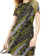 NWT $155 MICHAEL Michael Kors Mixed Print Ruffled Dress Evergreen 4 12
