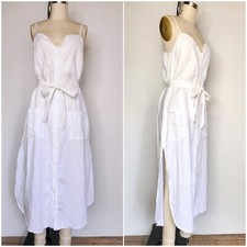 Reformation White Linen Dress Spaghetti Strap Button Down Large Pockets Belt M/L