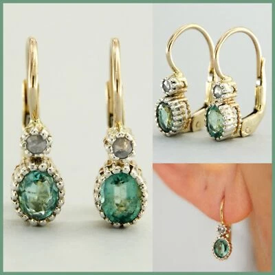 Orecchini Monachella ORO Giallo 14 kt. SMERALDI DIAMANTI stile Antichi Epoca