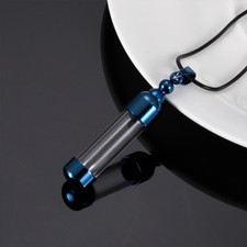 Blue Cylinder Keepsake Cremation Ash Urn Glass Stainless Steel Pendant Necklace
