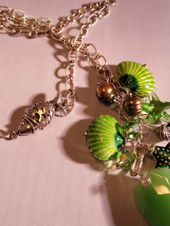 Зеленый берег тема ожерелье серьги, Swarovski, ракушки, жемчуг, уникальный.  - Изображение 3 из 4