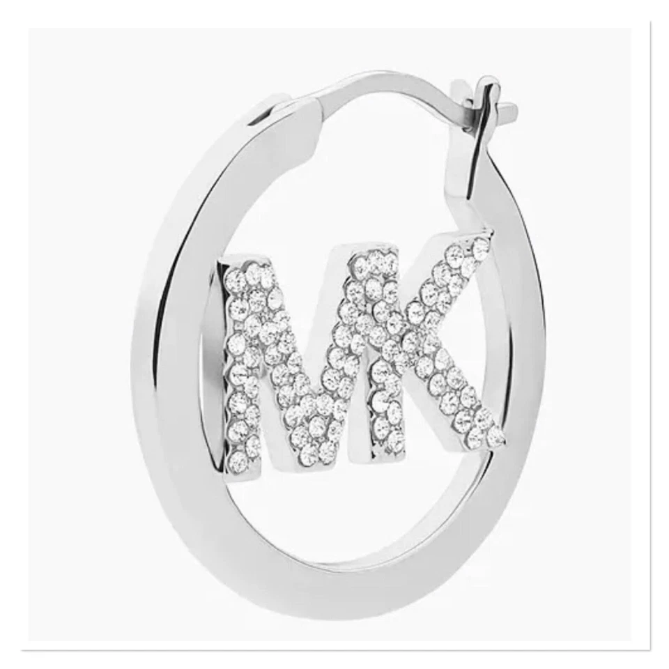 MICHAEL KORS Silver Tone Brass Pave Logo Hoop Earrings MKJ7636040 — 第 2/4 张图片