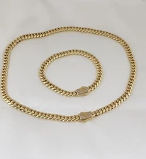 Women Men 14K Gold Plated Cz Cuban Choker Chain Necklace And Bracelet Set 