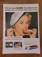 Original Vintage 1950's 1958 Print Ad Gleem Toothpaste Woman Eating Burger