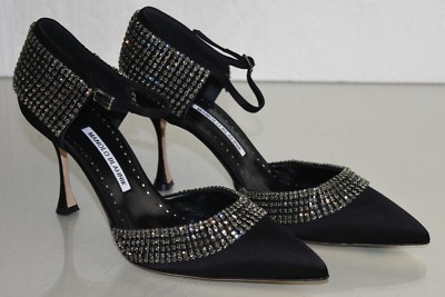 Escarpins Manolo Blahnik ALBINGIA 90 - Satin Noir Et Cristal - Taille 41.5 - Neufs Avec Boîte D'origine