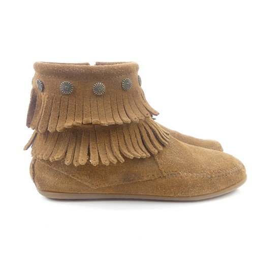 Zapatos mocasines MINNETONKA cuero rugoso flecos marrón coñac talla 39 - Imagen 4 de 5