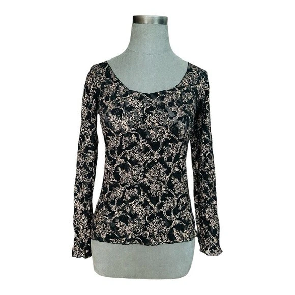 Mujeres Top HANKY PANKY Negro Dorado Floral Encaje Nylon Blusa Top Manga Larga Camisa Foto 2 de 4